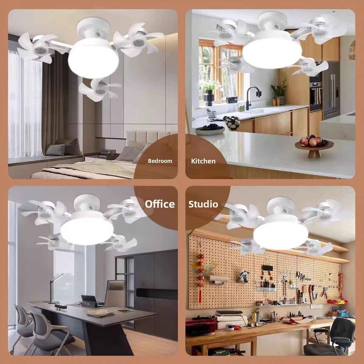 URBANOMAX remote control ceiling fan with integrated light, modern home decor, hanging from ceiling with fan blades visible.