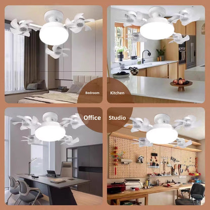 URBANOMAX remote control ceiling fan with integrated light, modern home decor, hanging from ceiling with fan blades visible.