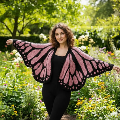 Christmas Monarch Butterfly knit cardigan featuring colorful butterfly patterns, perfect for winter holiday wear.