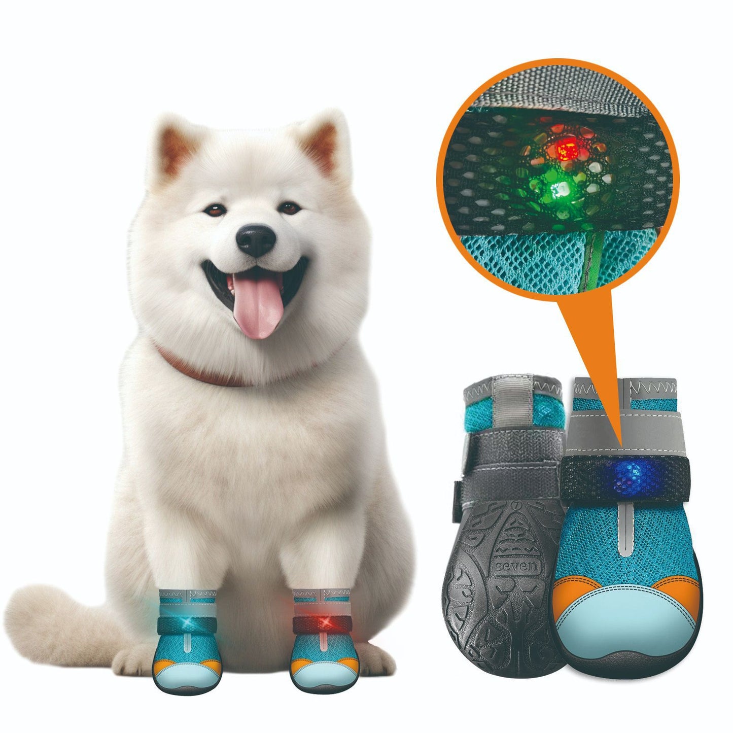 Colorful breathable Christmas dog shoes with glowing accents, designed for festive celebrations and outdoor comfort.