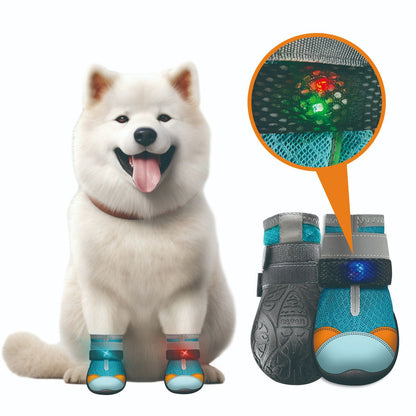 Colorful breathable Christmas dog shoes with glowing accents, designed for festive celebrations and outdoor comfort.