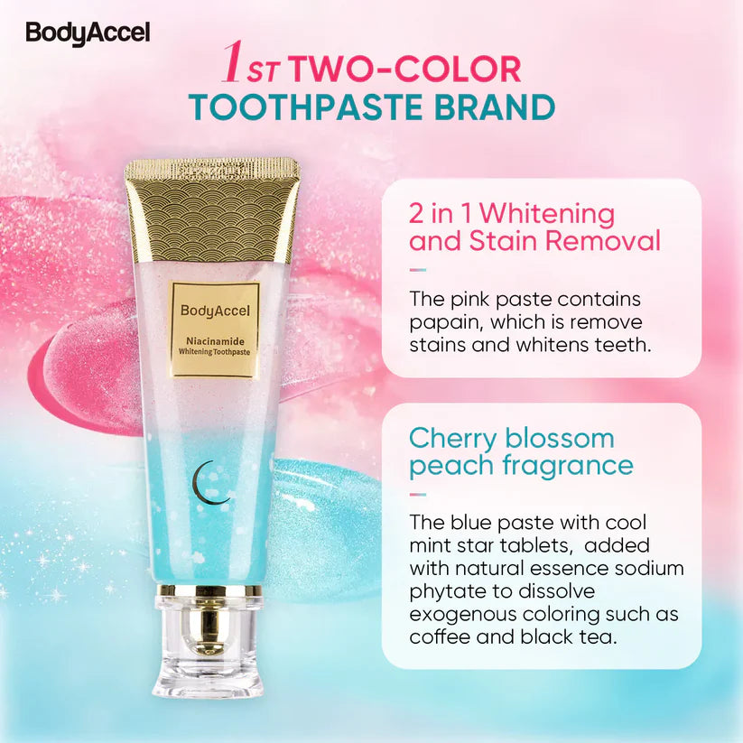 URBANOMAX Niacinamide Whitening Toothpaste tube with mint flavor, featuring fluoride and brightening ingredients for a healthy smile