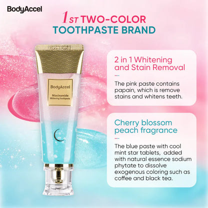 URBANOMAX Niacinamide Whitening Toothpaste tube with mint flavor, featuring fluoride and brightening ingredients for a healthy smile