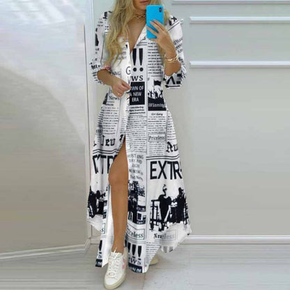 Printed single-breasted slit shirt dress with Christmas-themed pattern, stylish long-sleeve dress from CHRISTMAS brand.