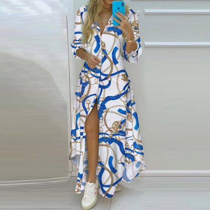 Printed single-breasted slit shirt dress in festive Christmas design, featuring long sleeves and a stylish collar.
