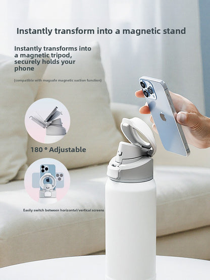 Magnetic insulated sports water bottle with phone holder, featuring a sleek design and durable construction for active use.