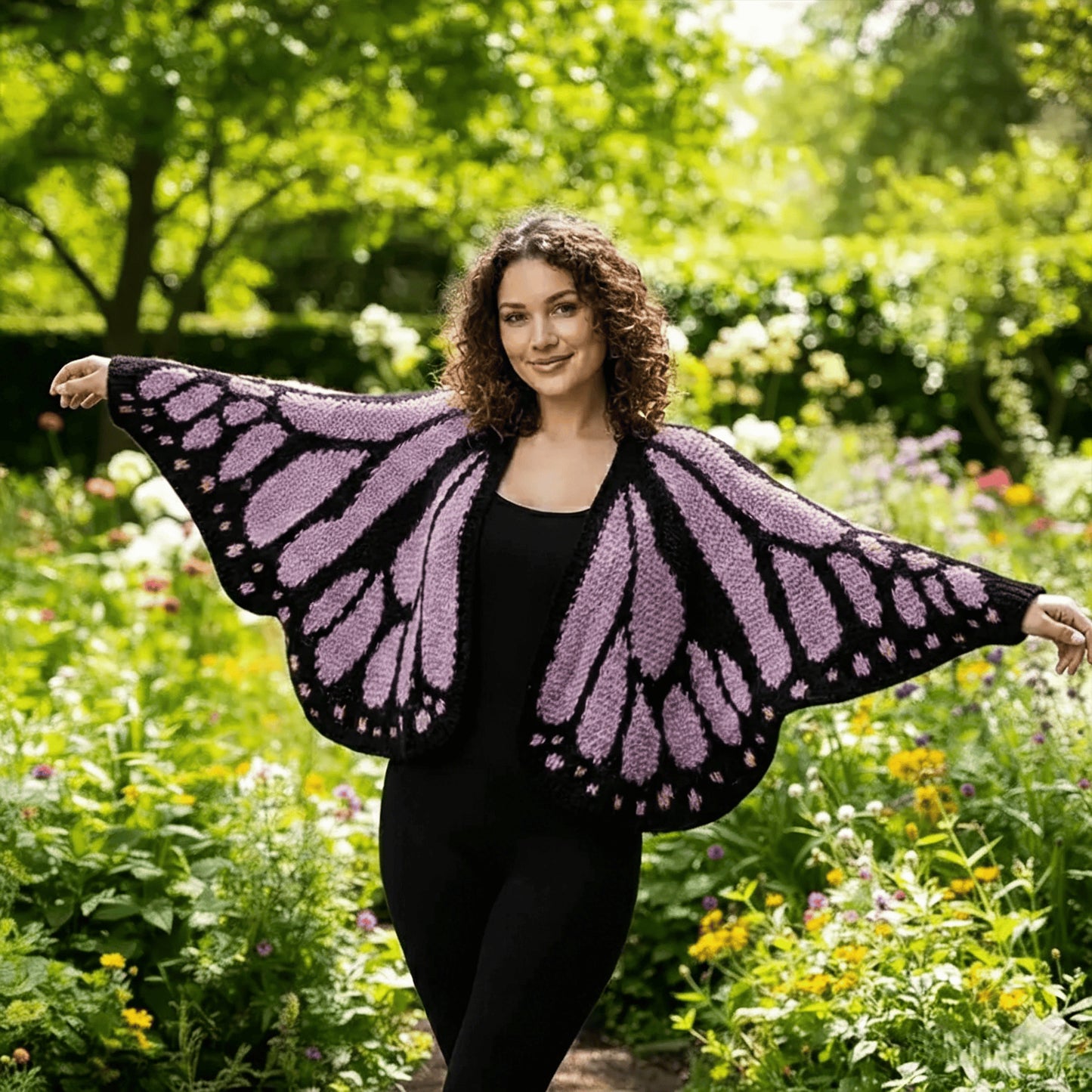 Christmas Monarch Butterfly Knit Cardigan featuring colorful butterfly patterns, perfect for festive winter wear.