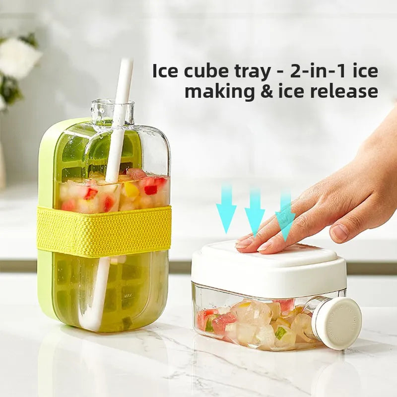 Urbanomax™ Ice Bottle Tray with multiple ice molds, clear plastic construction, and a black base for freezing and storing ice bottles.