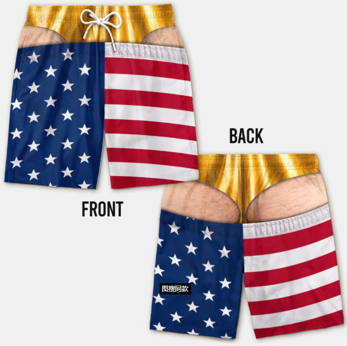 Urbanomax™ patriotic swim trunks featuring red, white, and blue design with stars and stripes, perfect for summer beach days.