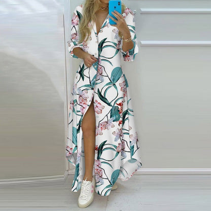 Printed single-breasted slit shirt dress by CHRISTMAS, featuring festive holiday design, long sleeves, and a stylish front slit.