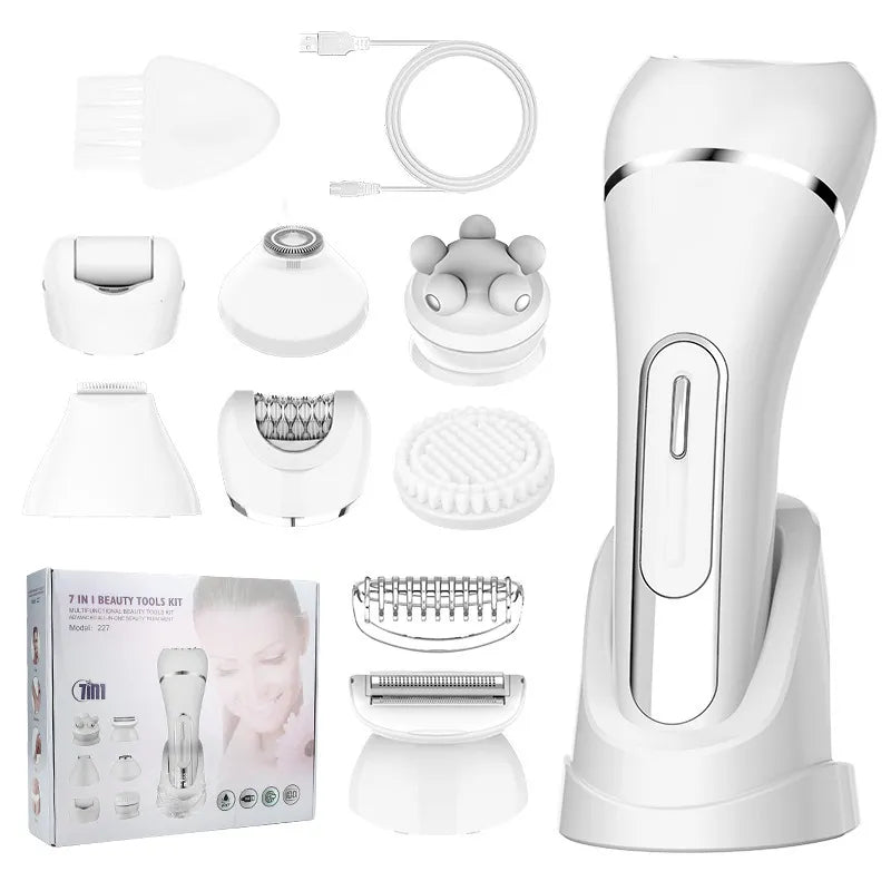 URBANOMAX Urbanomax 5-in-1 women’s hair removal device showing multiple attachments for different hair removal methods