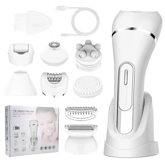 URBANOMAX Urbanomax 5-in-1 women’s hair removal device showing multiple attachments for different hair removal methods