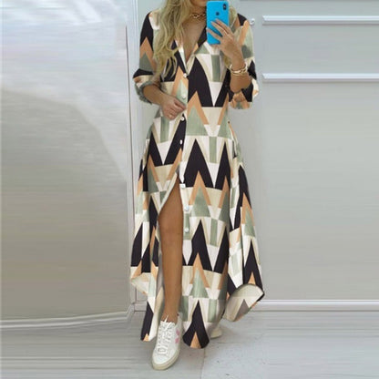 Printed single-breasted slit shirt dress by CHRISTMAS, featuring festive holiday design and classic collar, suitable for Christmas celebrations.