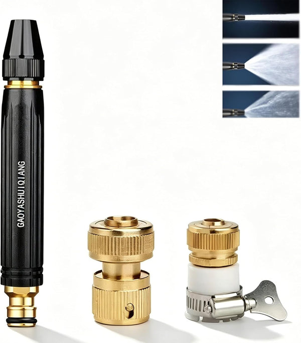URBANOMAX high-pressure water spray nozzle connected to garden hose, used for cleaning and watering tasks.
