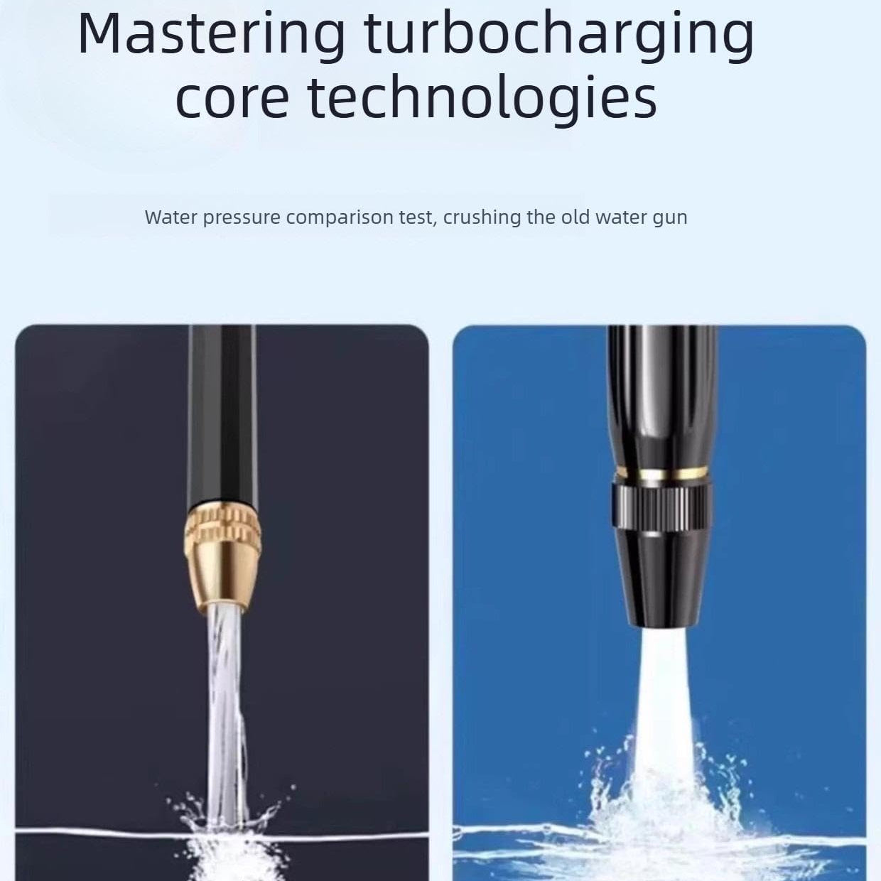 URBANOMAX high-pressure water spray nozzle attached to garden hose for powerful cleaning and watering tasks.
