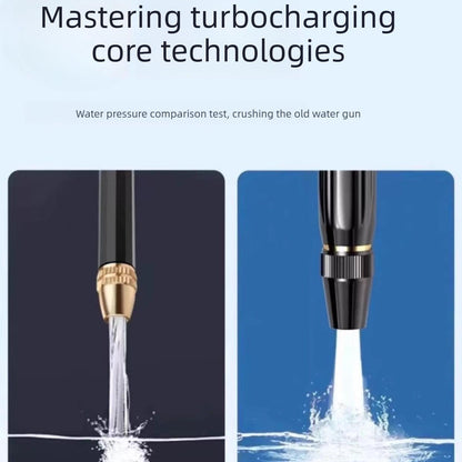 URBANOMAX high-pressure water spray nozzle attached to garden hose for powerful cleaning and watering tasks.
