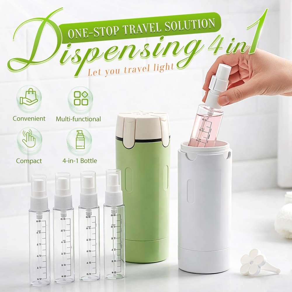 URBANOMAX 4 in 1 travel dispenser with four compartments for toiletries, compact and portable for convenient travel use.