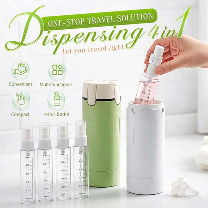 URBANOMAX 4 in 1 travel dispenser with four compartments for toiletries, compact and portable for convenient travel use.