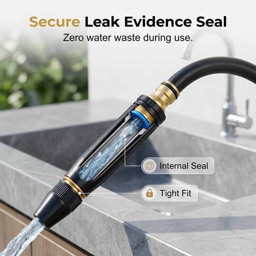 URBANOMAX high-pressure water spray nozzle attached to garden hose, demonstrating powerful water stream for cleaning and watering tasks
