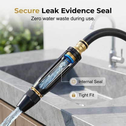 URBANOMAX high-pressure water spray nozzle attached to garden hose, demonstrating powerful water stream for cleaning and watering tasks
