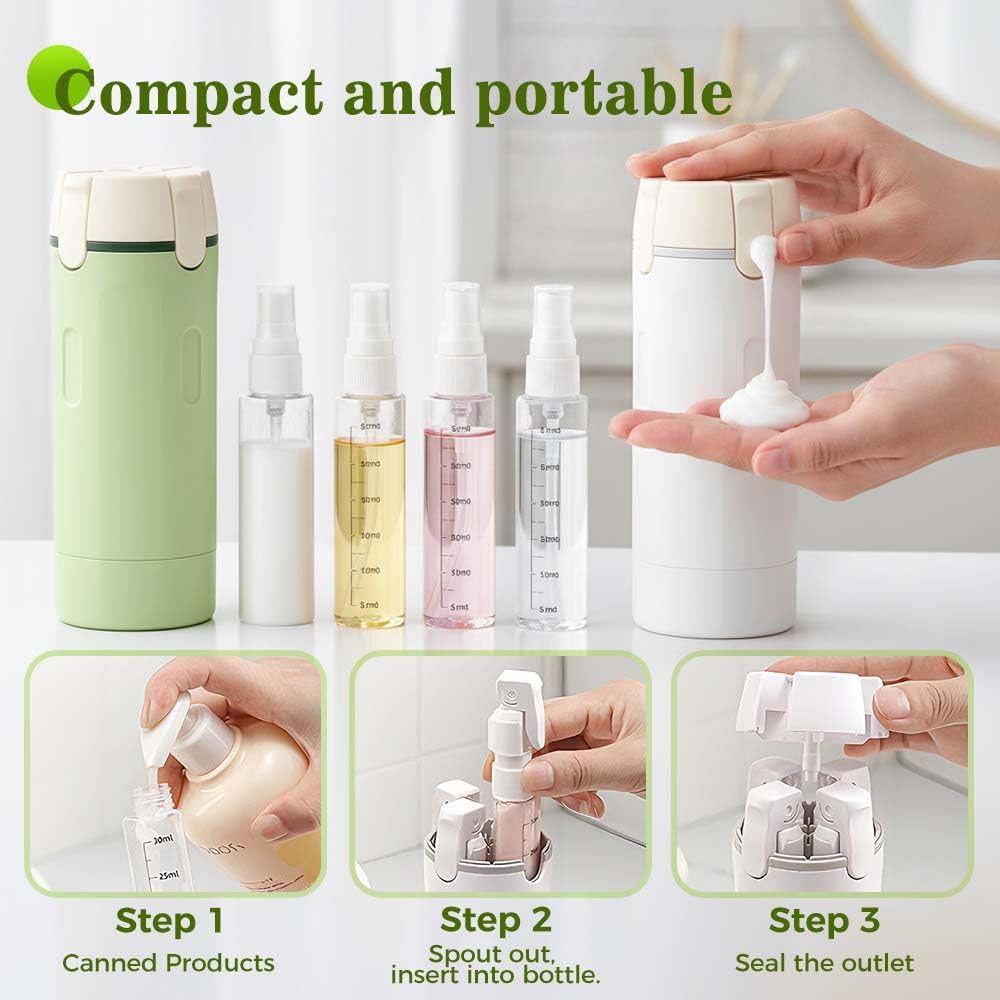 URBANOMAX 4-in-1 travel dispenser with multiple compartments for liquids, toiletries, and personal care essentials.