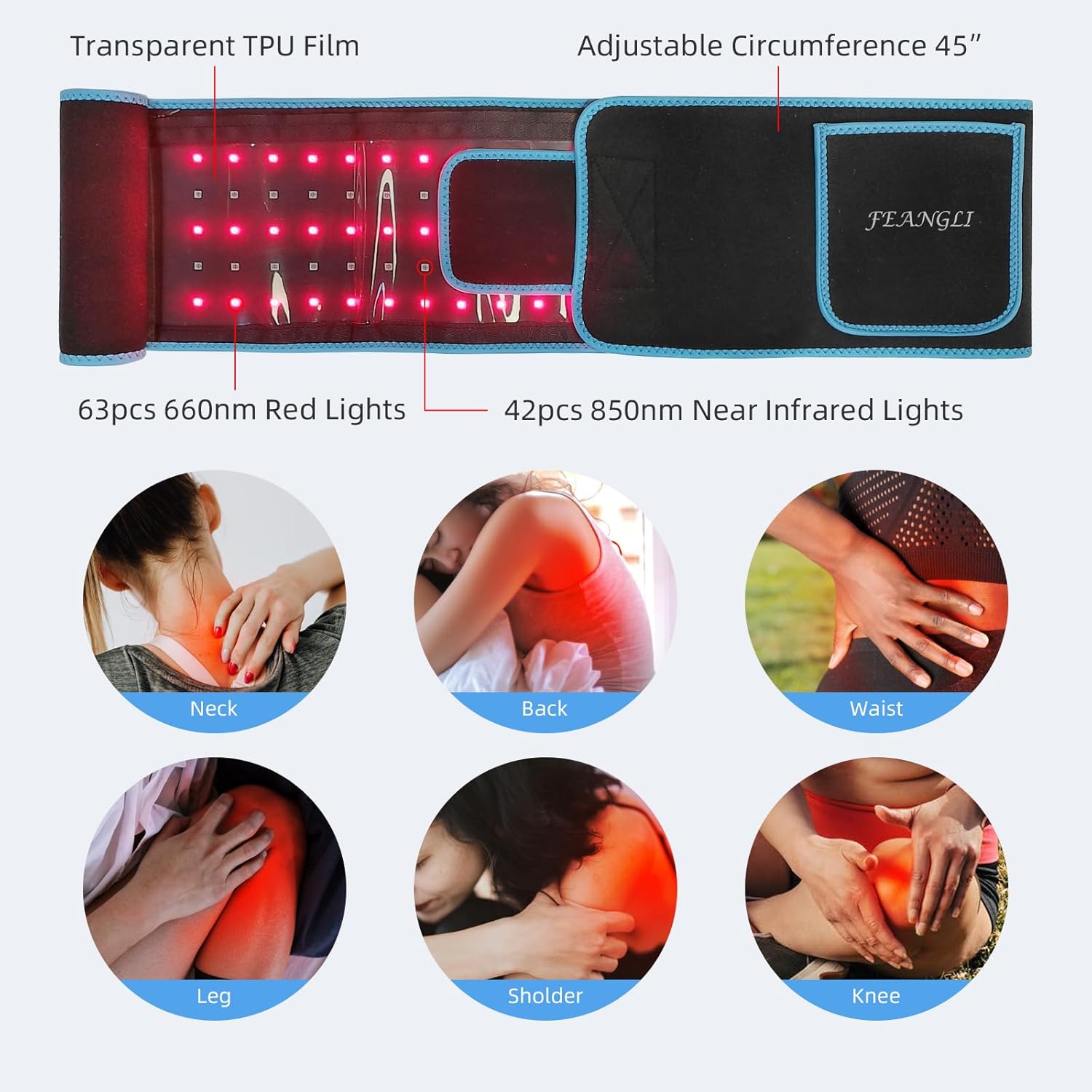 Urbanomax Red Light Therapy Belt by URBANOMAX, showing a black belt with control panel and red LED lights for therapeutic use.