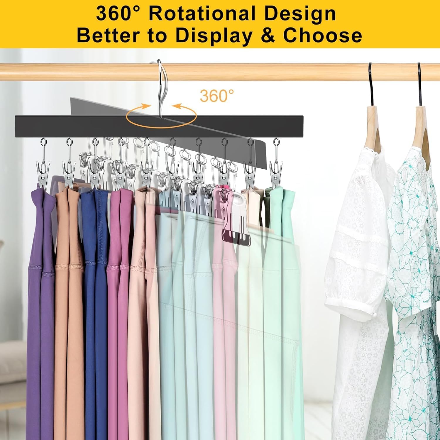 URBANOMAX 10-clip leggings organizer hanger holding multiple pairs of leggings in a closet for neat storage.