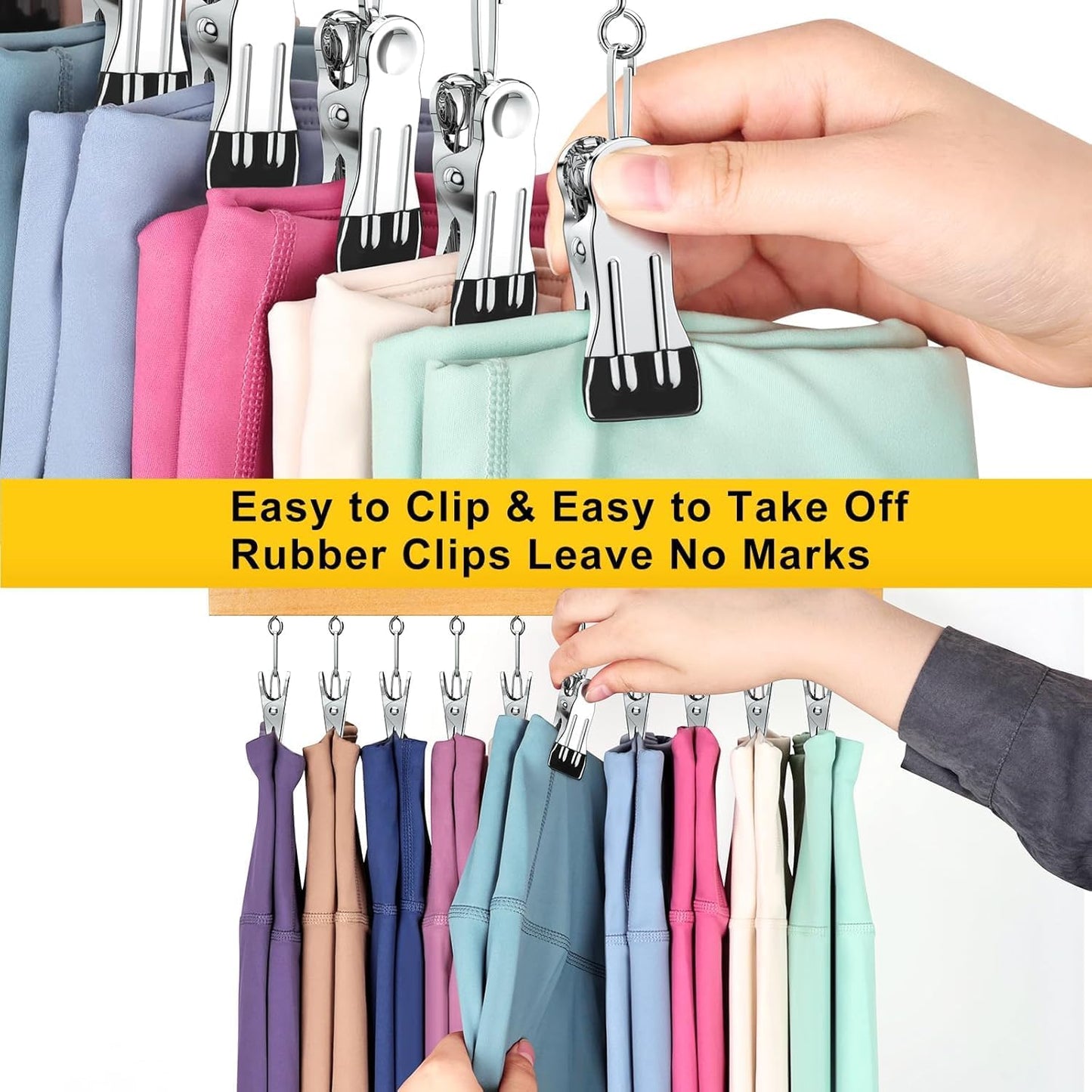 URBANOMAX 10-clip leggings organizer hanger displaying multiple leggings clipped and hanging for easy storage.