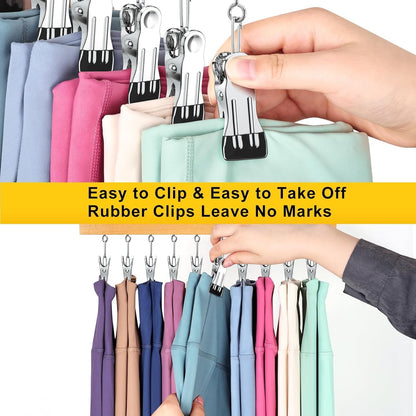 URBANOMAX 10-clip leggings organizer hanger displaying multiple leggings clipped and hanging for easy storage.