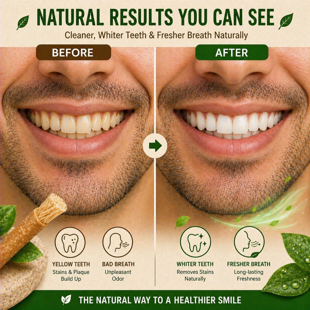 Urbanomax™ Natural Miswak toothbrush with wooden handle and bristles, designed for eco-friendly oral hygiene.
