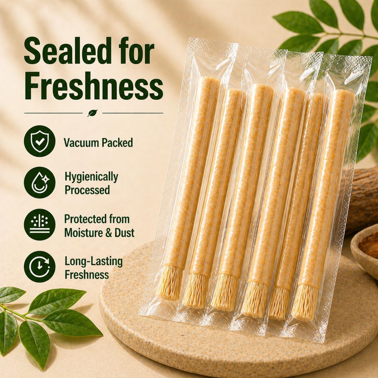 Urbanomax™ Natural Miswak Toothbrush with wooden handle and natural bristles, designed for eco-friendly oral hygiene.