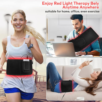 Urbanomax™ Red Light Therapy Belt shown in red fabric with adjustable straps and control panel for targeted light therapy treatment.