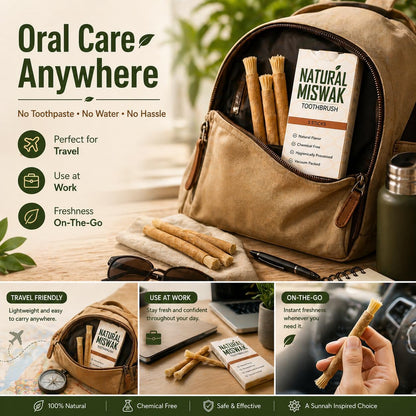 Urbanomax™ Natural Miswak Toothbrush showing wooden handle and bristles for natural oral cleaning.
