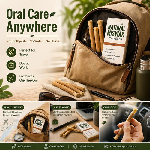 Urbanomax™ Natural Miswak Toothbrush showing wooden handle and bristles for natural oral cleaning.