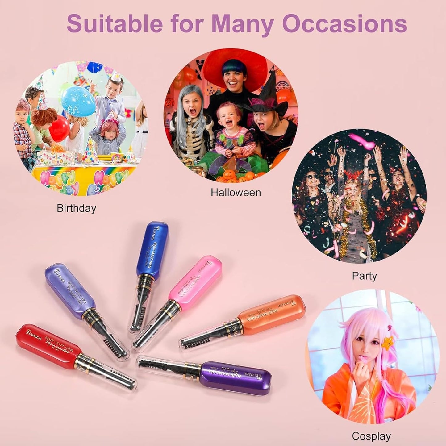 Urbanomax hair mascara in 13 vibrant Christmas shades, showcasing colorful hair tips and festive styling options.
