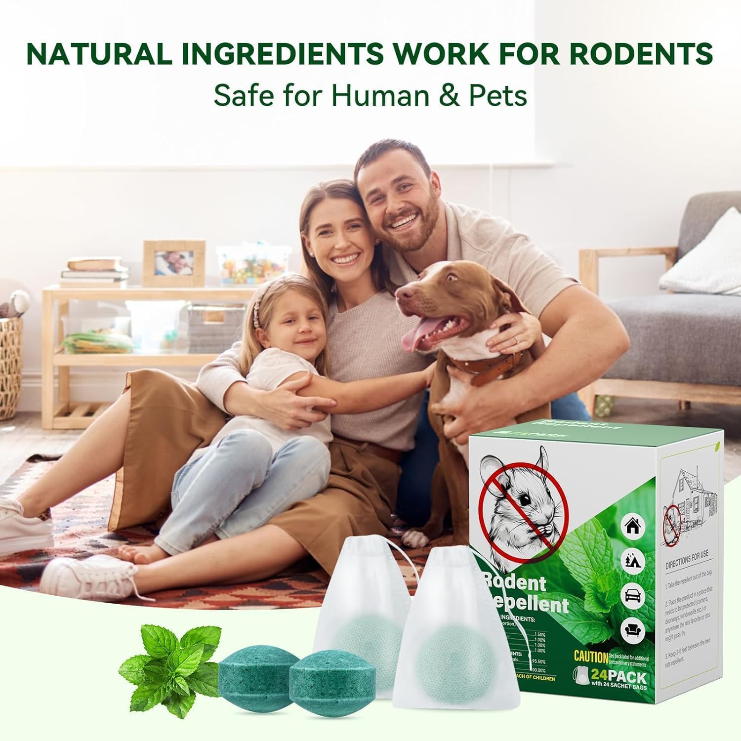 Omega™ Natural Peppermint Pest Repellent Balls in a 24-pack, designed to deter pests with natural peppermint scent.