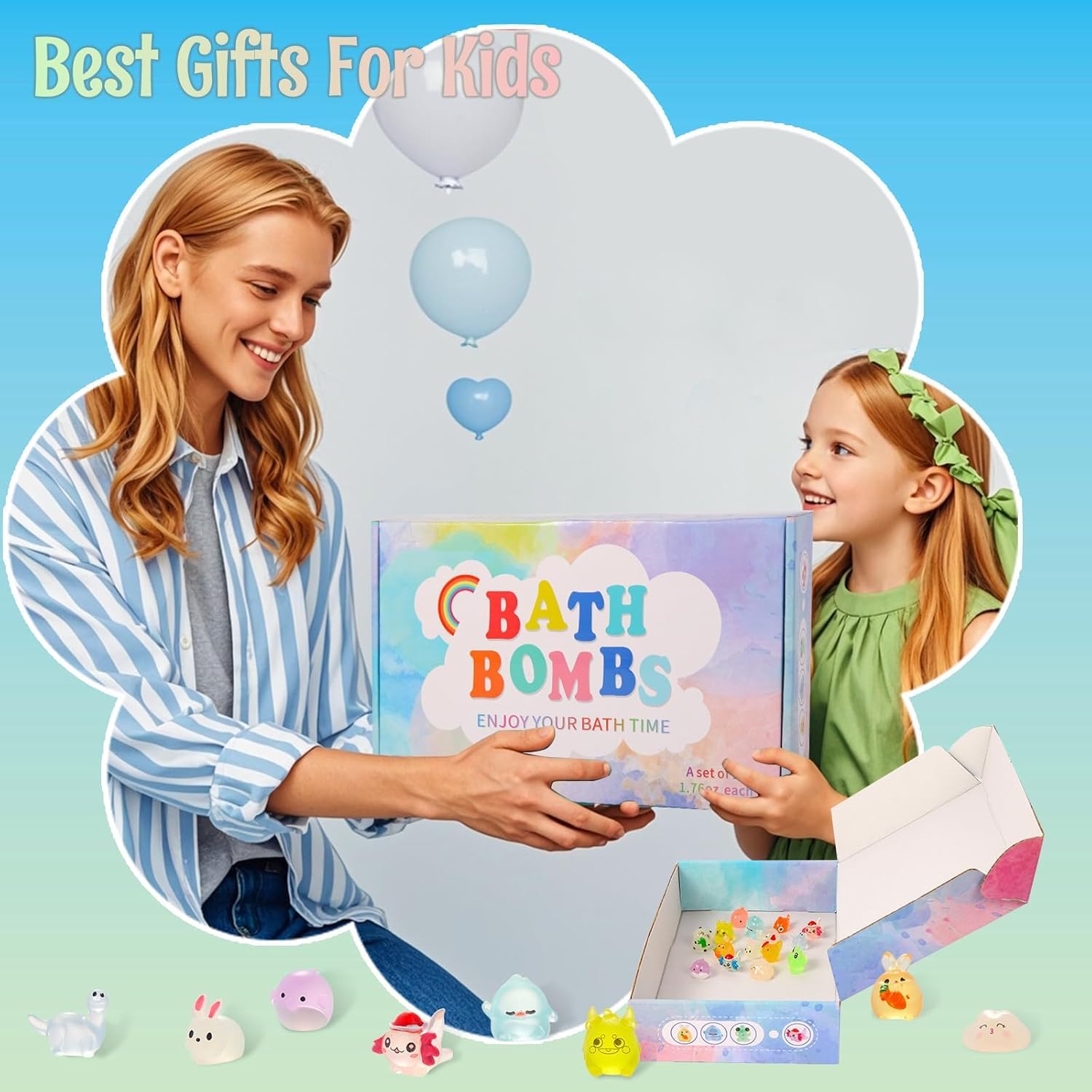 Urbanomax™ Kids Christmas bath bomb collection with colorful, festive bath bombs designed for children, featuring holiday-themed scents and shapes.
