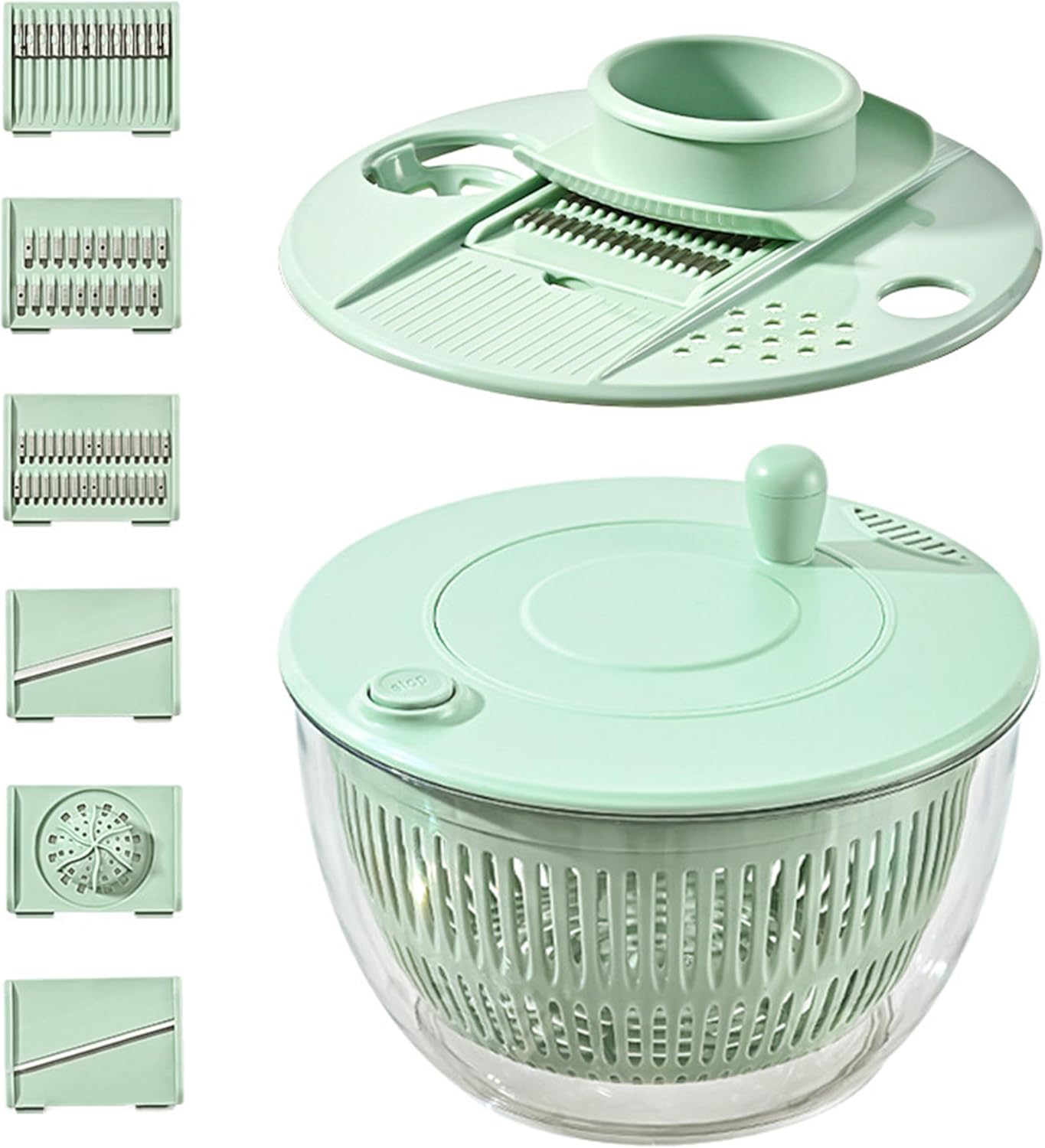 URBANOMAX multifunctional vegetable salad dehydrator and cutter showing stainless steel blades and adjustable settings for food prep.