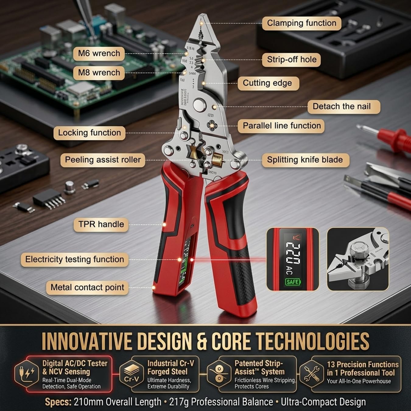 Urbanomax multifunctional folding electrician wire stripping tool with ergonomic design and adjustable blades for precise cable stripping.