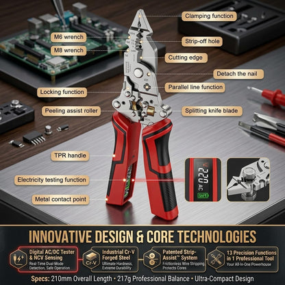 Urbanomax multifunctional folding electrician wire stripping tool with ergonomic design and adjustable blades for precise cable stripping.