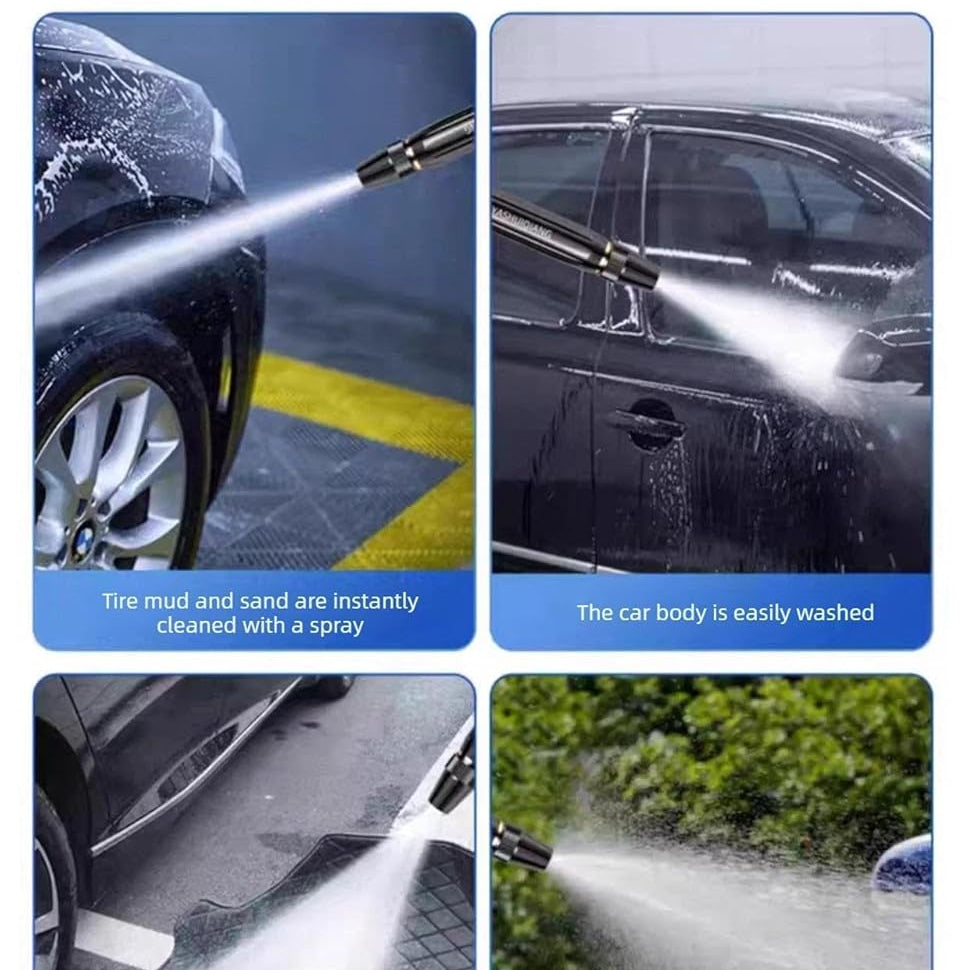 URBANOMAX high-pressure water spray nozzle attached to garden hose, demonstrating powerful water jet for cleaning and watering tasks.