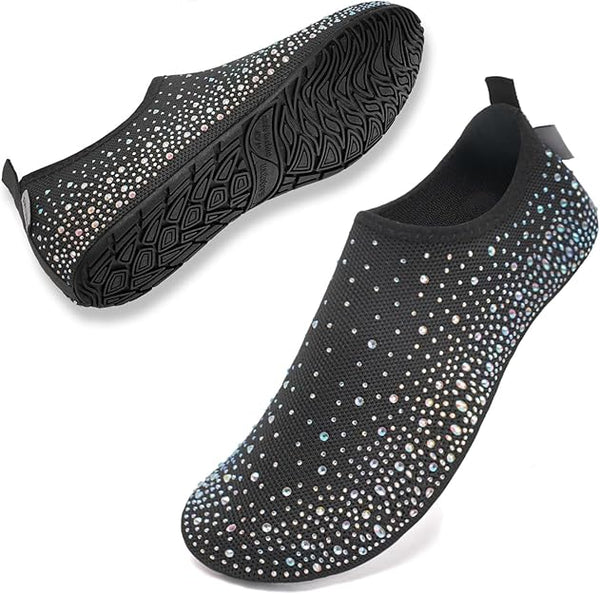 Christmas barefoot water shoes in black with flexible sole, designed for water activities and quick-drying comfort.
