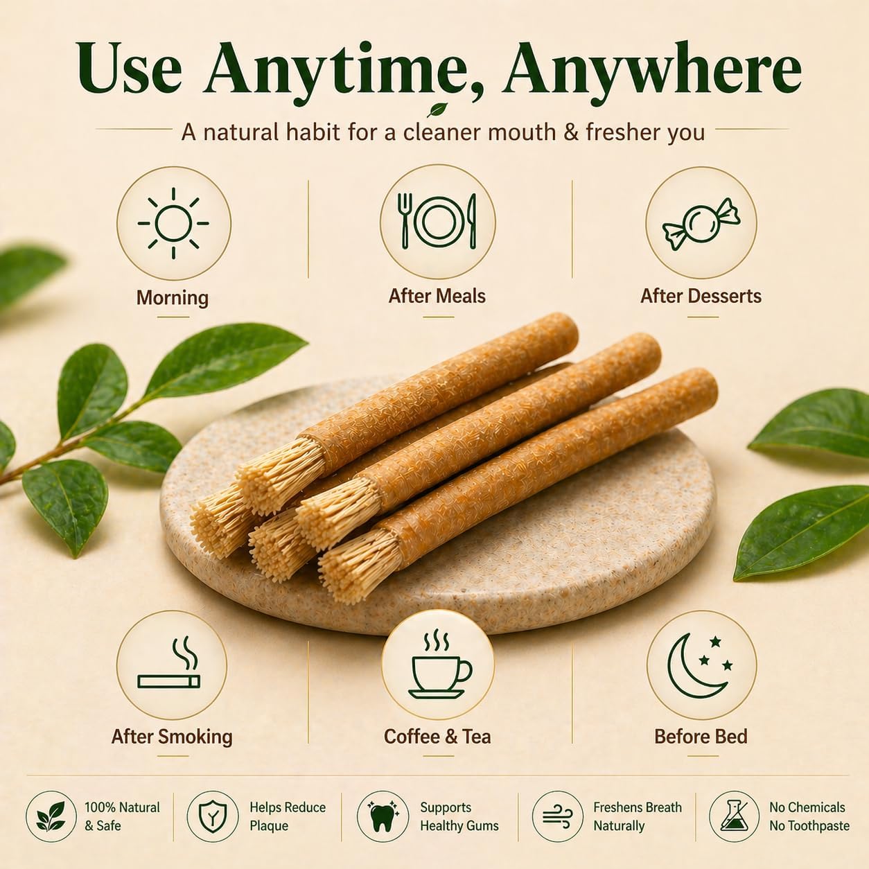 Urbanomax™ Natural Miswak Toothbrush showing wooden handle and miswak bristles for natural oral cleaning.