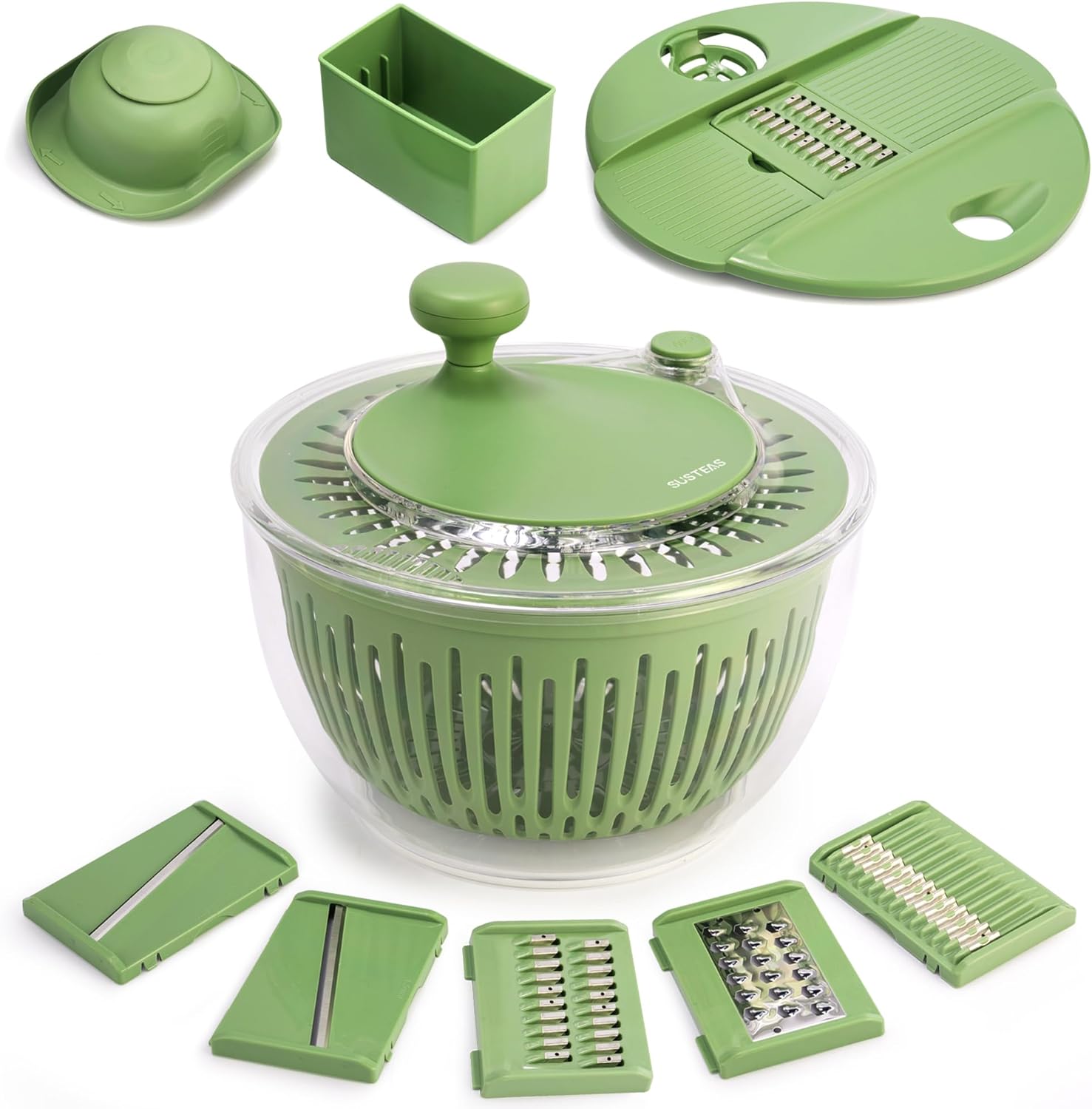 URBANOMAX multifunctional vegetable salad dehydrator and cutter with stainless steel blades and adjustable settings for food preparation.