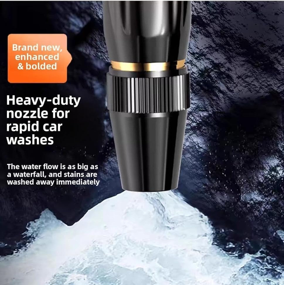 URBANOMAX high-pressure water spray nozzle attached to garden hose for powerful cleaning and watering tasks.