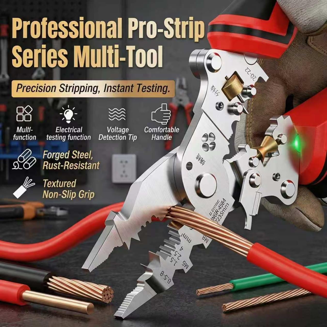 Urbanomax multifunctional folding electrician wire stripping tool with ergonomic design and adjustable blades for precise wire stripping.