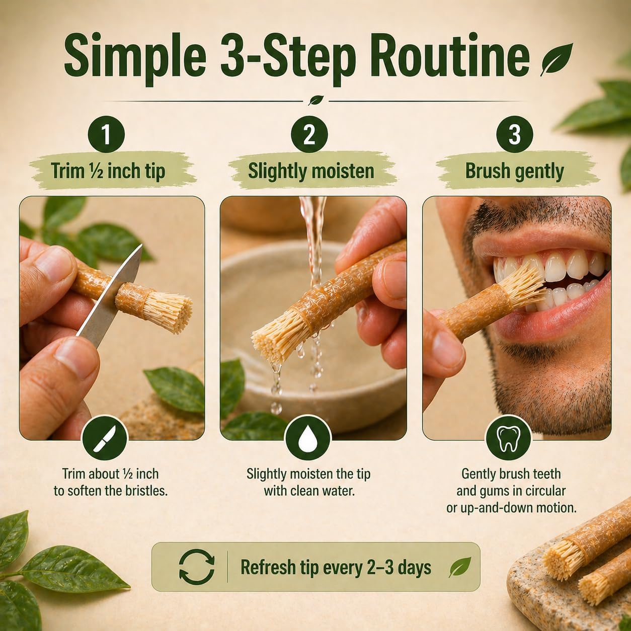 Urbanomax™ Natural Miswak Toothbrush showing wooden handle and natural bristles for eco-friendly dental cleaning.