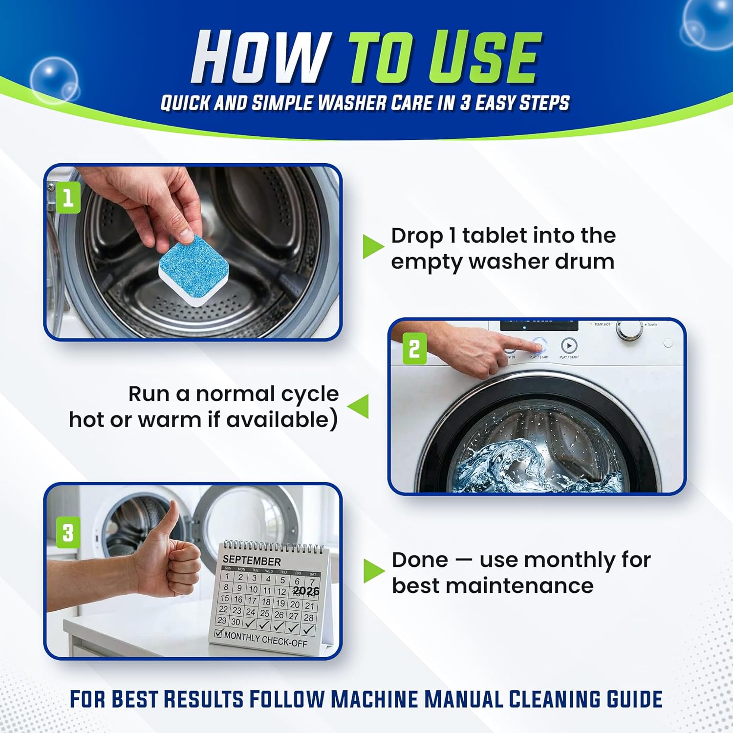URBANOMAX Ultra Clean washing machine tablets in a clear plastic container, ready for laundry cleaning and freshness.