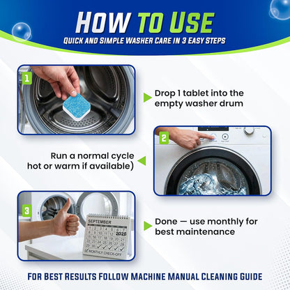 URBANOMAX Ultra Clean washing machine tablets in a clear plastic container, ready for laundry cleaning and freshness.