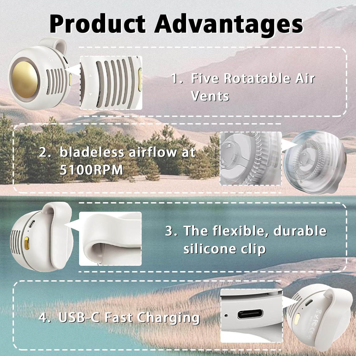 URBANOMAX portable USB rechargeable bladeless fan showing sleek design and compact size for personal cooling.